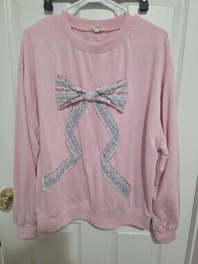 RareRaw Soft Pink Crewneck Sweatshirt with Decorative Bow Accent Lg
